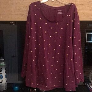 Lane Bryant long sleeve scoop neck purple with gold polka dots tee